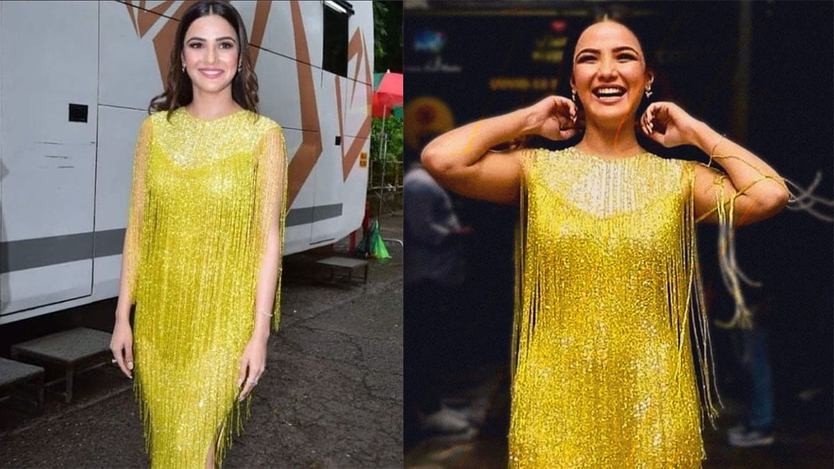 Jasmin Bhasin Shines In Shimmery Yellow High Slit Dress