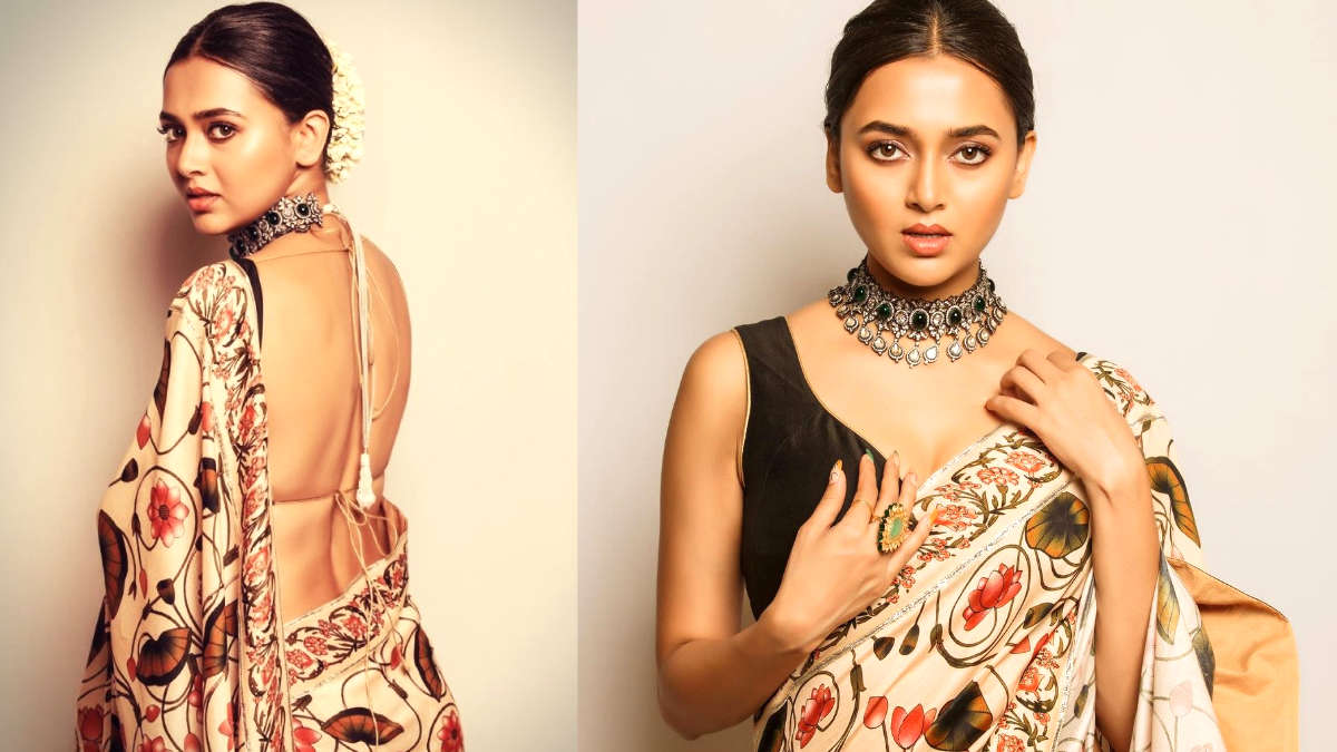 Tejasswi Prakash Flaunting Her Backless Look In White Printed Saree