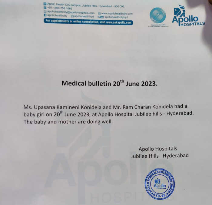 Apollo Hospital’s Medical Bulletin | Upasana Kamineni Konidela And Ram Charan Welcome Baby Girl