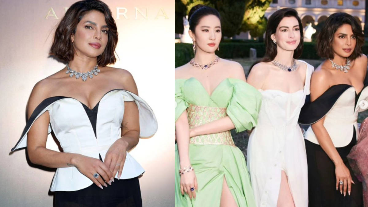 Priyanka Chopra Flaunts Her Off-shoulder Cream And Black Dress With A New Hairstyle And Poses With Anne Hathaway At Bulgari Event