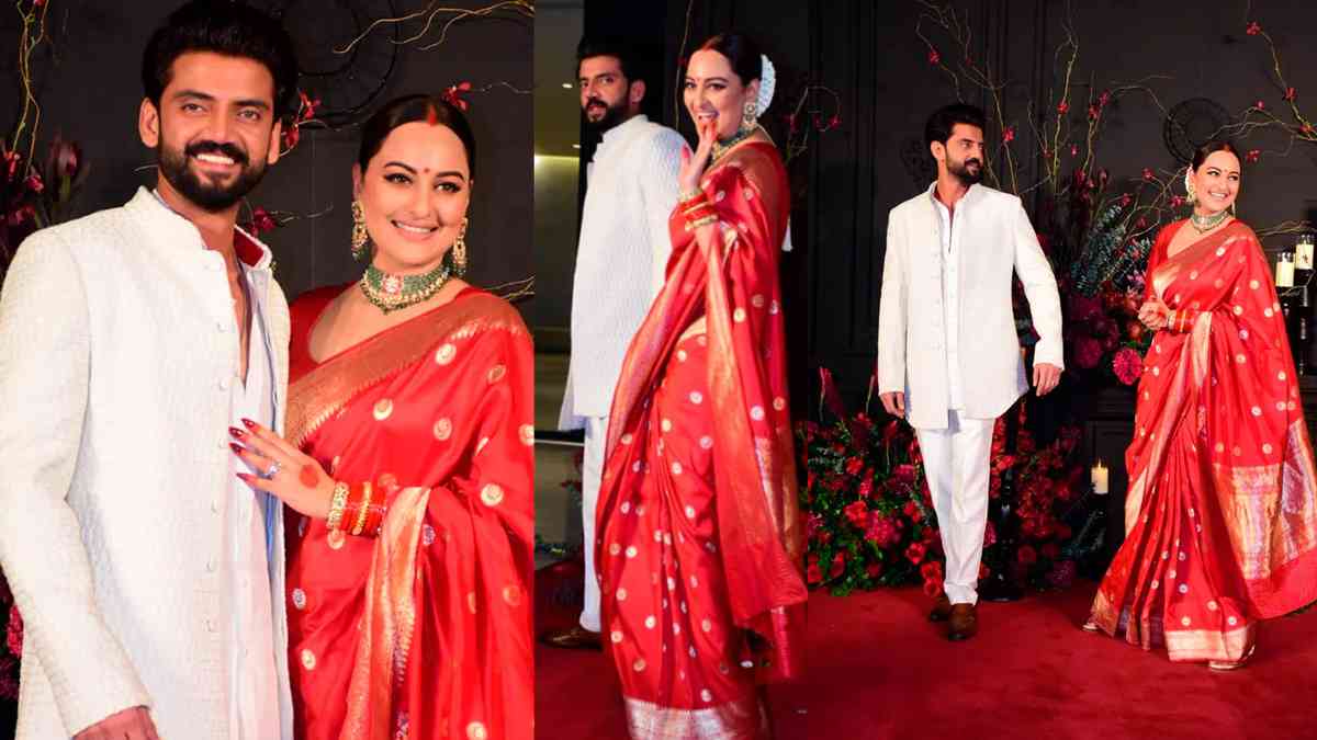 Newlyweds Sonakshi Sinha and Zaheer Iqbal glowing in reception party look