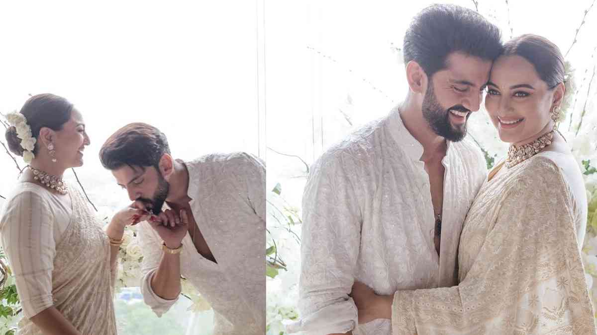 Sonakshi sinha and Zaheer Iqbal twinnning in white outfits as they share wedding pictures