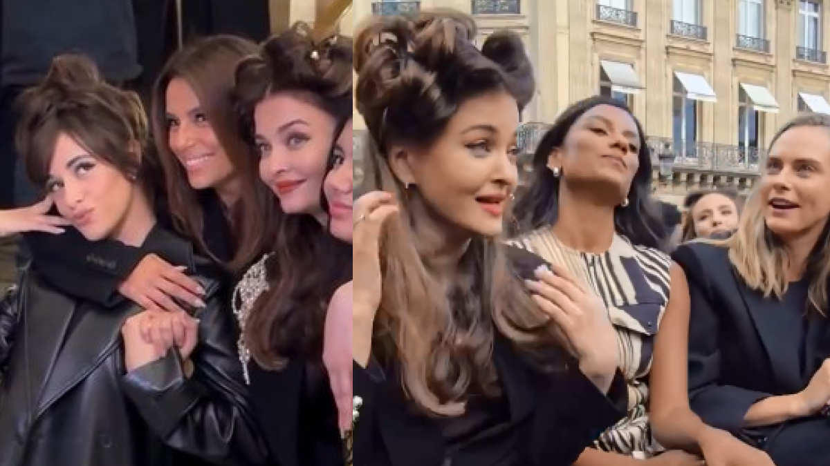 Aishwarya Rai Bachchan, Eva Longoria, and Simone Ashley chatting together outdoors before the show at Paris Fashion Week