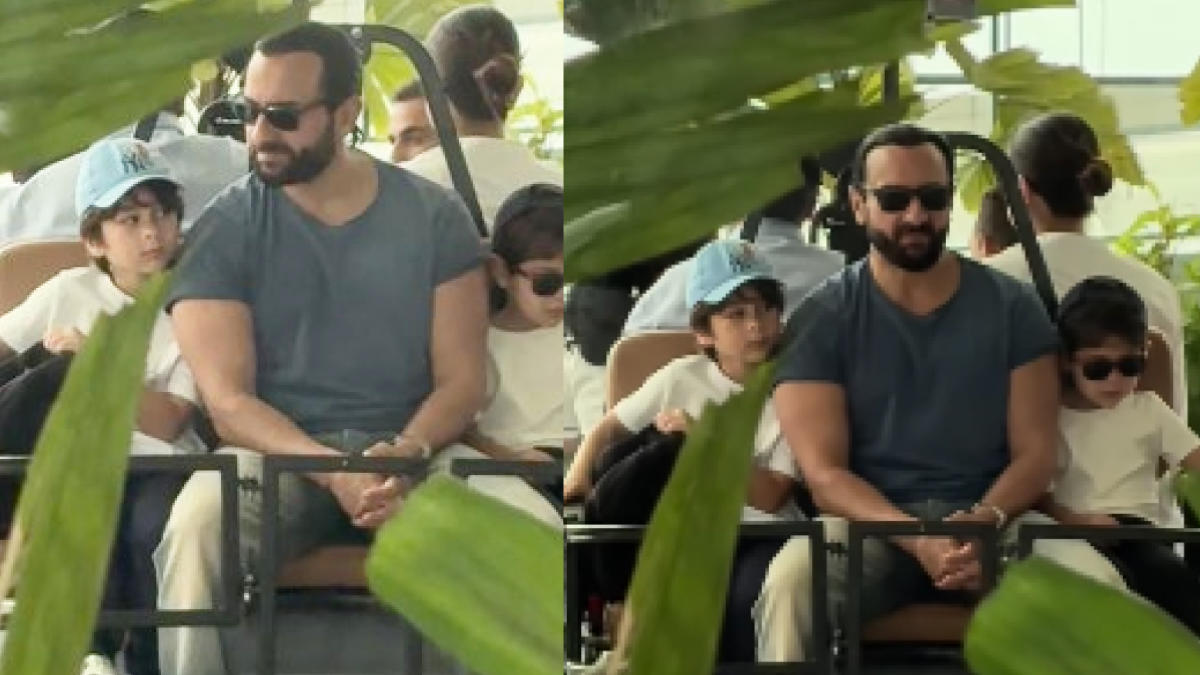 Saif Ali Khan takes a buggy ride at the airport with sons Taimur Ali ...