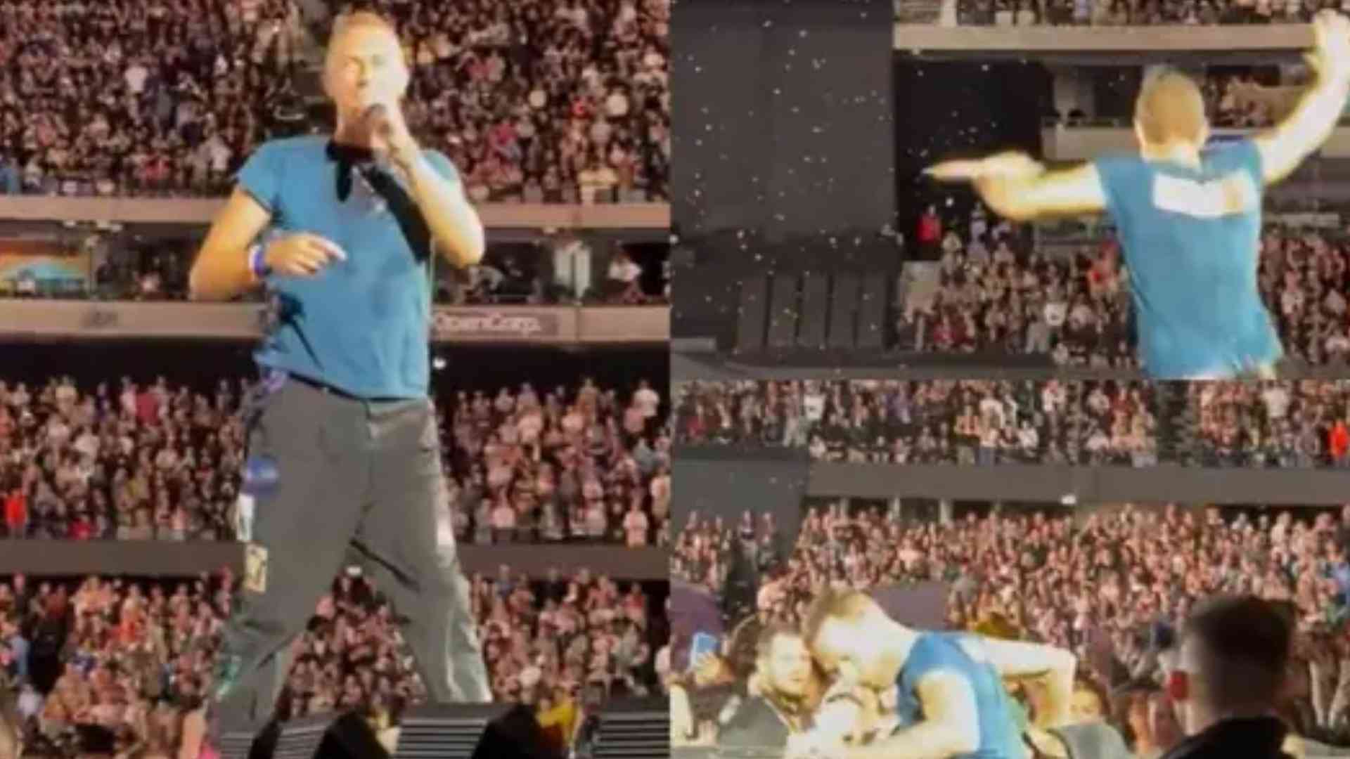 Chris Martin falls through a trap door at Coldplay concert