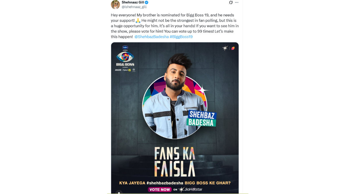 Bigg Boss 19 : Fans To Choose Final Contestant Between Shehnaaz Gill'S Brother And Youtube Star – Voting Ends Soon 1 shehnaaz gill_pic courtesy x