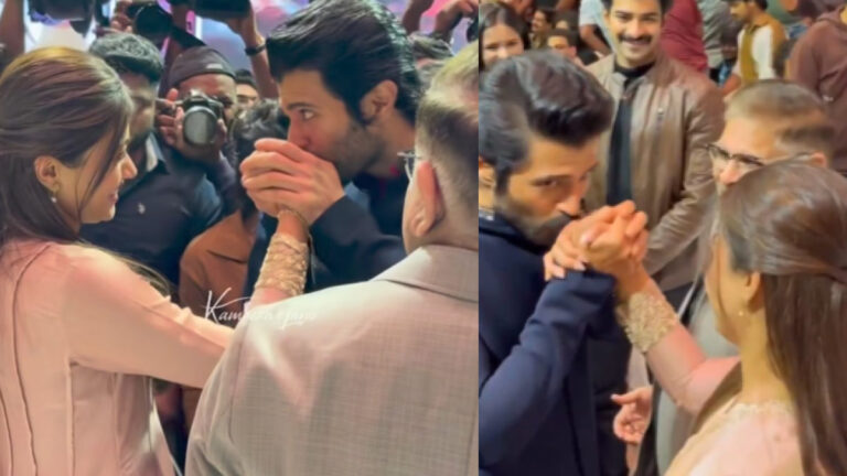 Rashmika Mandanna blushes as Vijay Deverakonda kisses her hand at Girlfriend Success Party