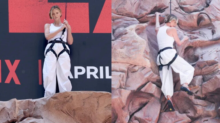 Charlize Theron Climbs Rock Wall In Times Square For Apex Promotion