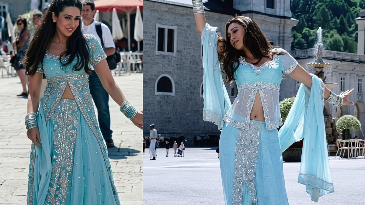 karishma kapoor in chal mere bhai pastel blue dreamy lehenga
